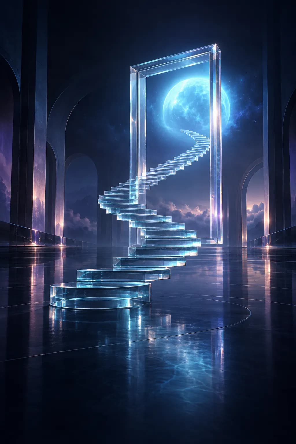 Une passerelle de verre traverse une porte lumineuse vers un astre bleu.