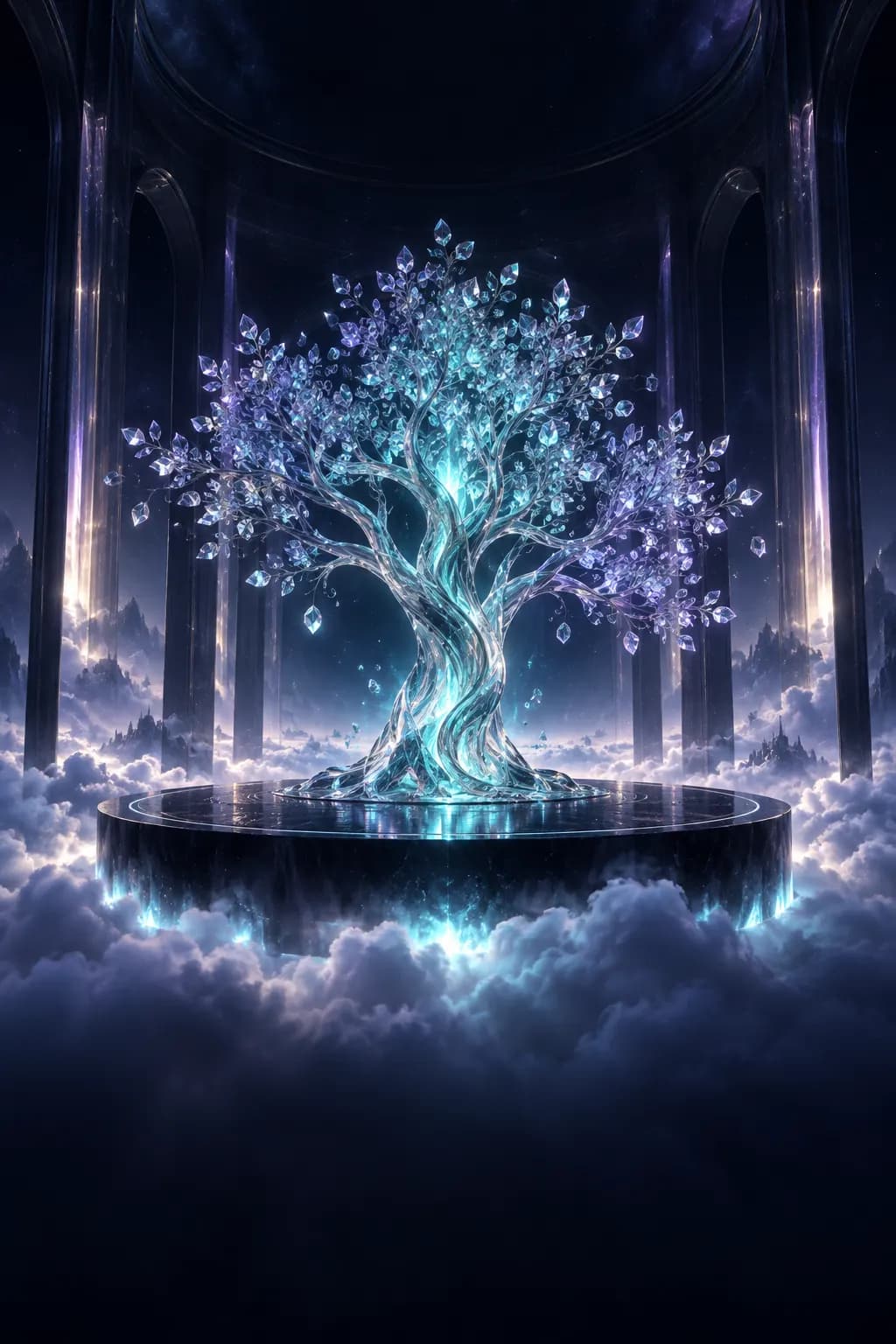 Un arbre de cristal lumineux pousse au-dessus des nuages dans un atrium.